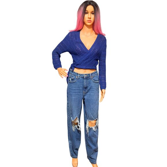 Blue crochet tie-front bolero shrug cardigan medium - Picture 5 of 12